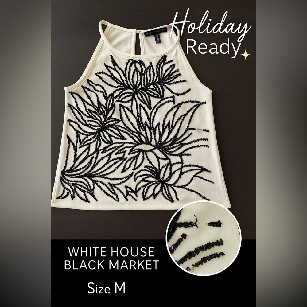 White House Black Market Sequin Beaded Floral Halter Top – Size M